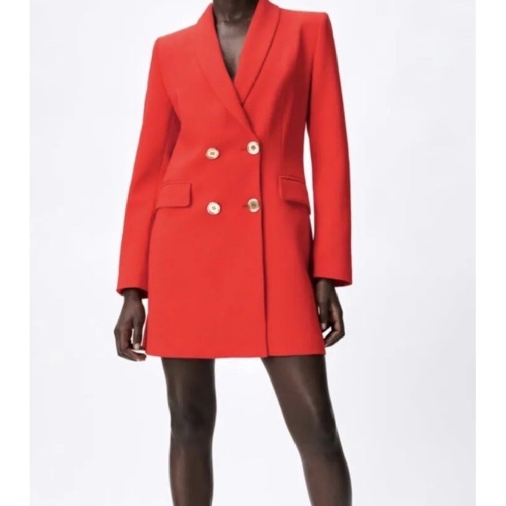RARE ZARA RED LONG DOUBLE BREASTED JACKET BLAZER GOLD BUTTONS SIZE XS NEW